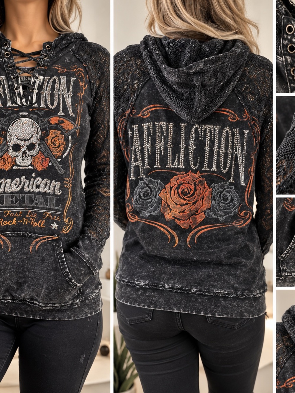 Affliction Black Distressed Lace-Up Hoodie with Rose & Skull Graphic